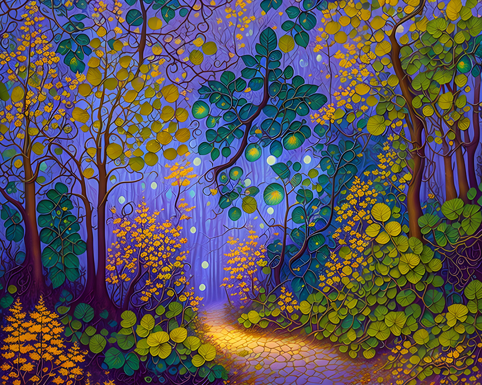 Whimsical forest painting with blue and purple hues