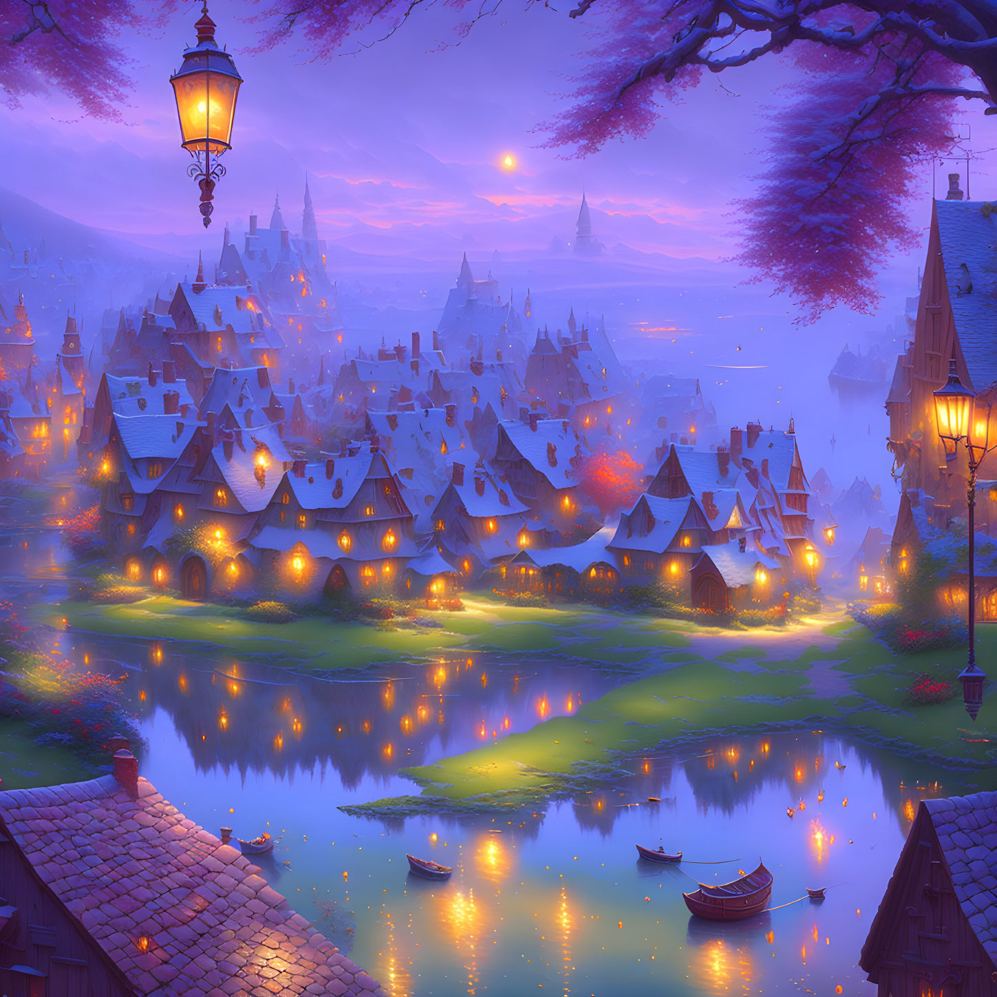 Enchanting village scene with cozy houses, river, boats, lanterns, cherry blossoms