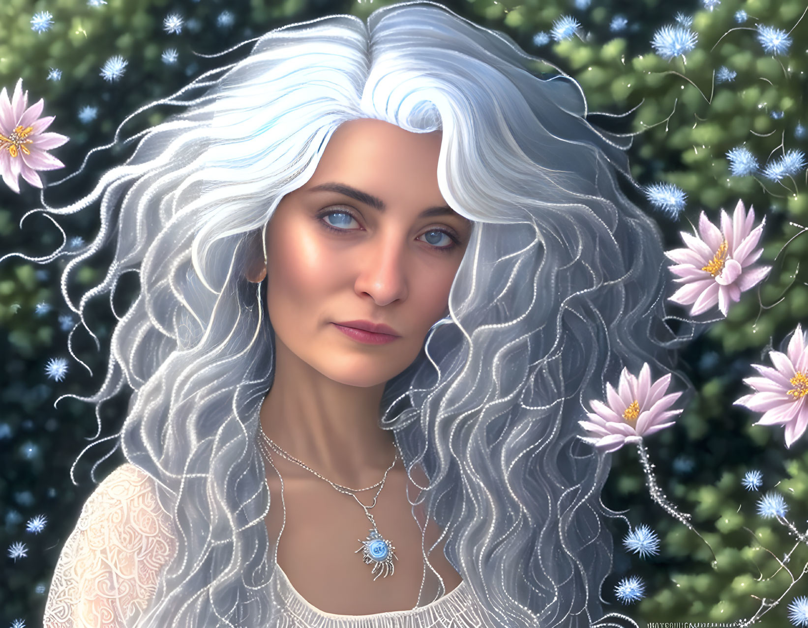 Digital artwork: Woman with white hair and blue eyes in nature setting