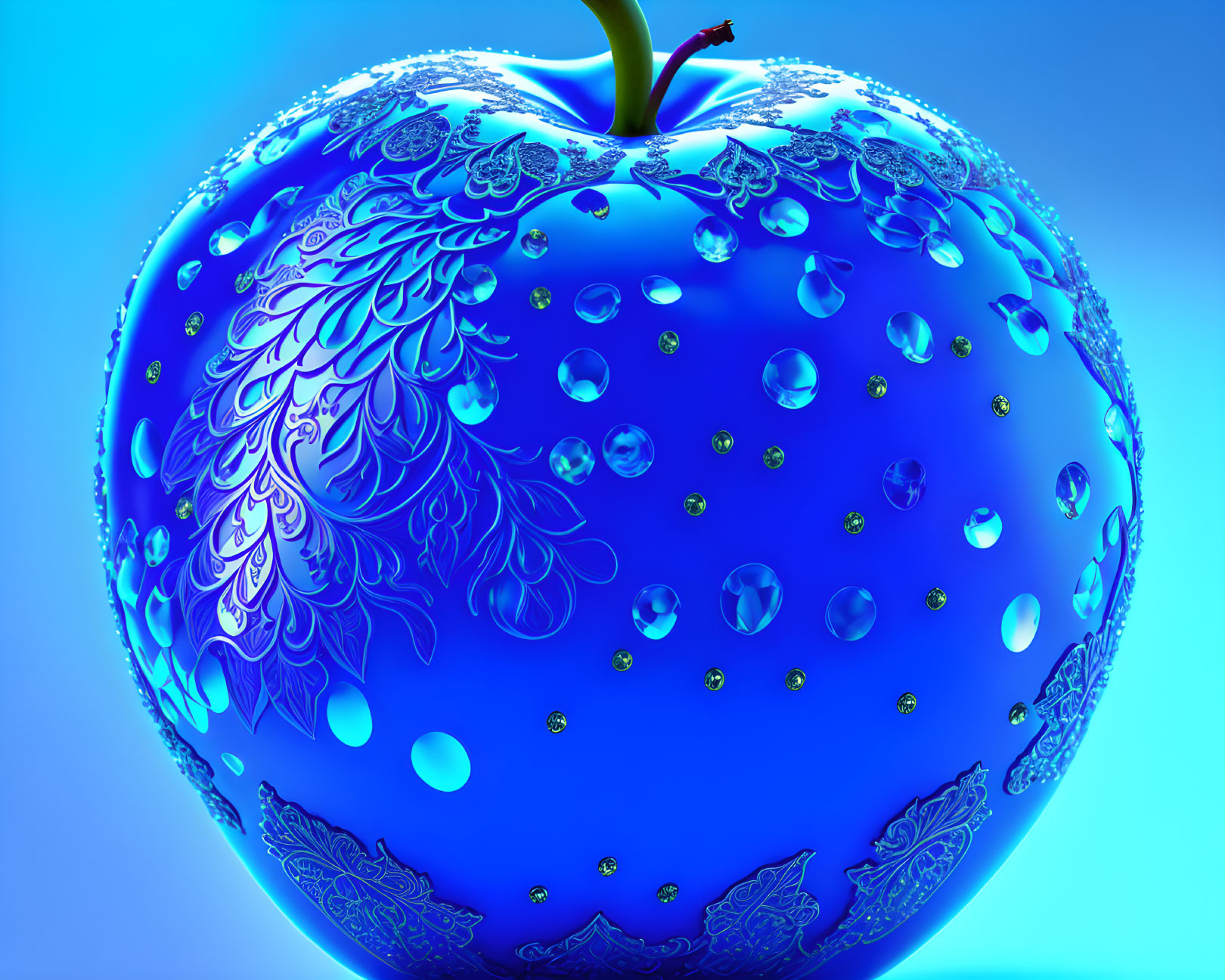 Blue digitally rendered apple with intricate white patterns and water droplets on light blue background