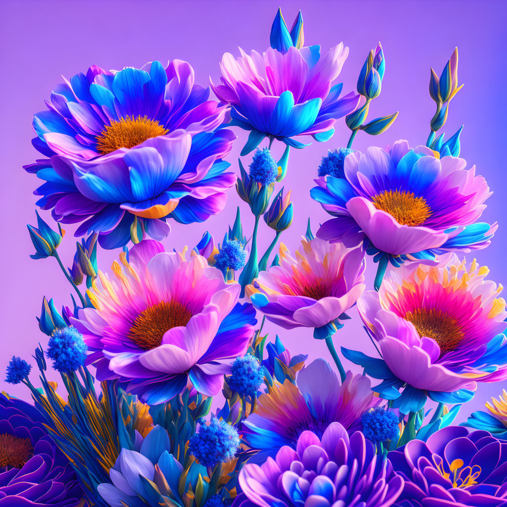 Surreal blue and purple flowers with orange centers on violet backdrop