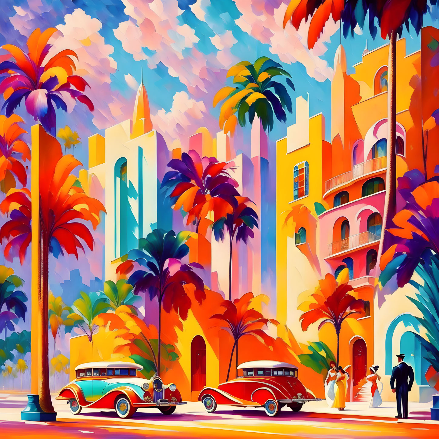 Vibrant art deco illustration of retro tropical cityscape