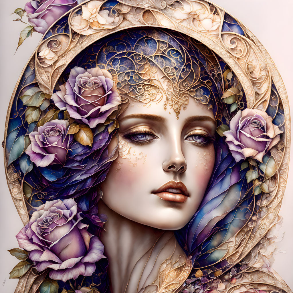 Ornate portrait of woman with purple roses and gold filigree