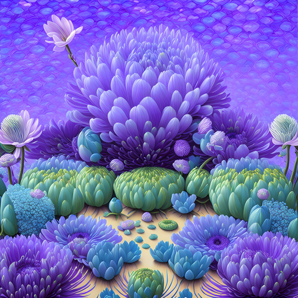 Colorful digital artwork: stylized purple flowers, butterfly, plants on textured backdrop