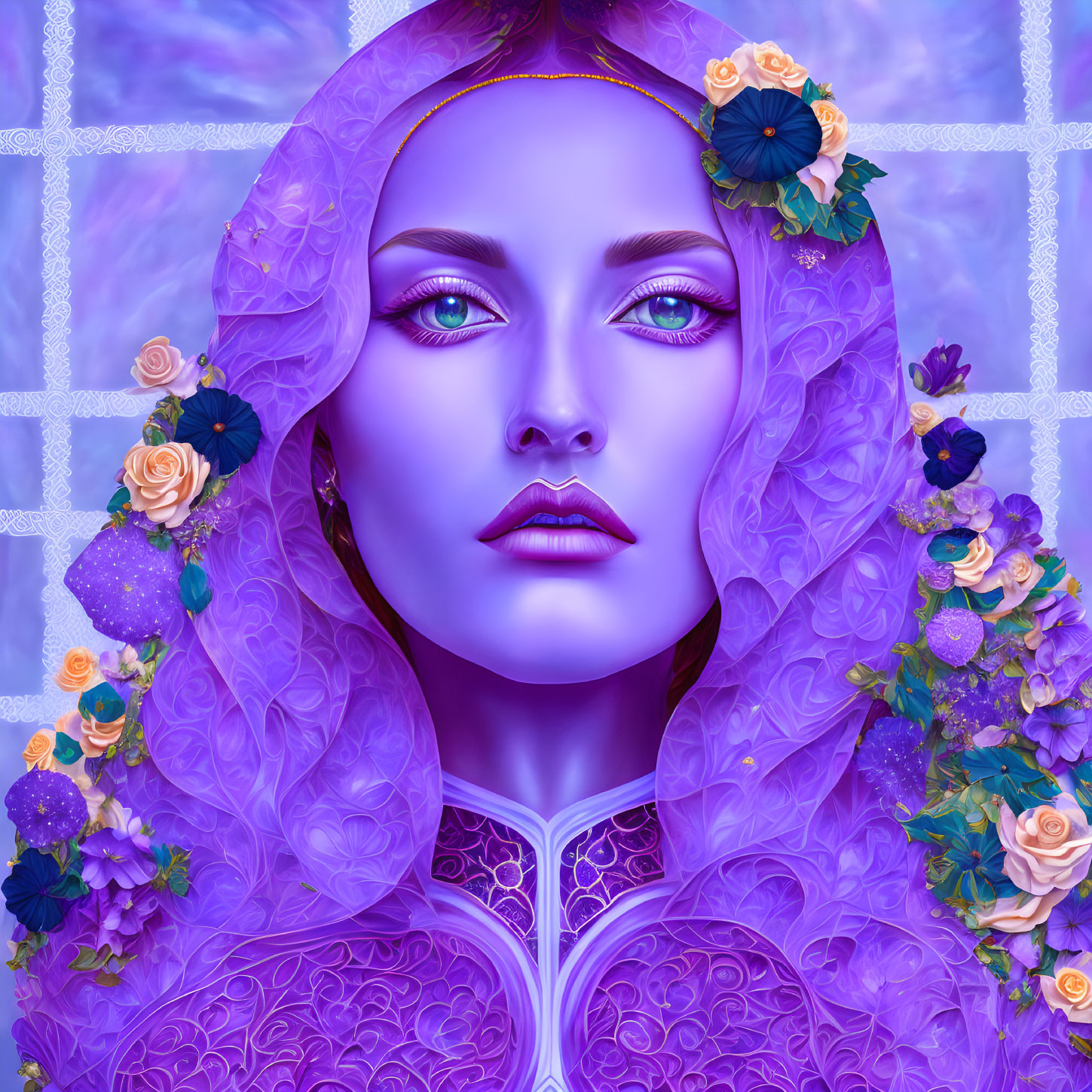 Purple-skinned woman portrait with floral surroundings and vibrant eyes.