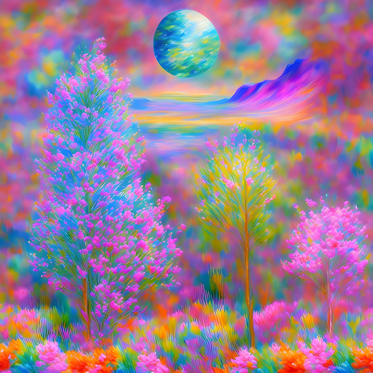 Colorful surreal landscape with stylized mountains, vibrant flora, and abstract moon.