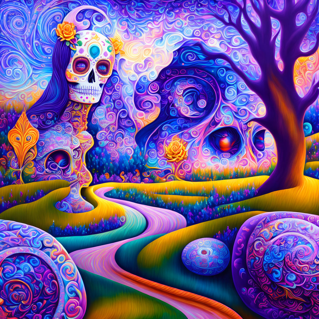 Colorful psychedelic skull art with floral patterns in abstract landscape