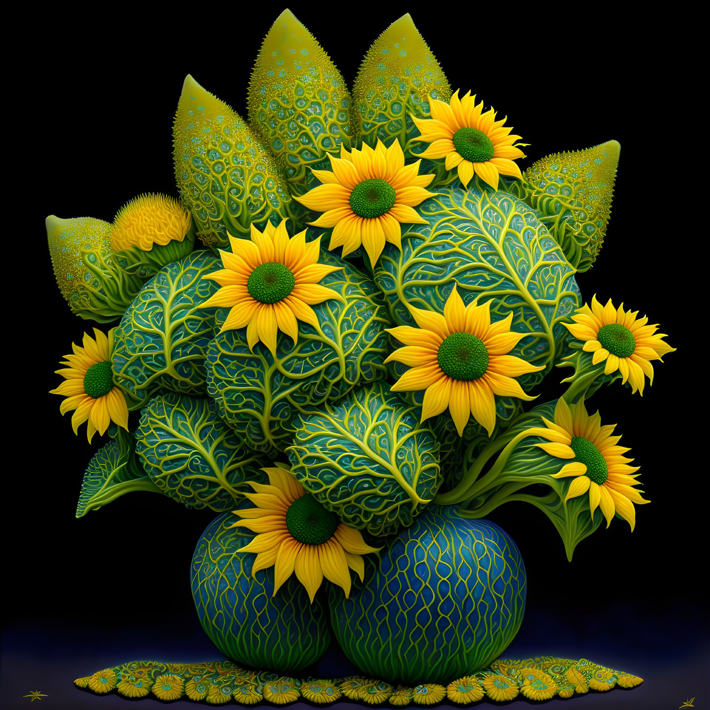 Detailed sunflower bouquet in stylized vase on dark background