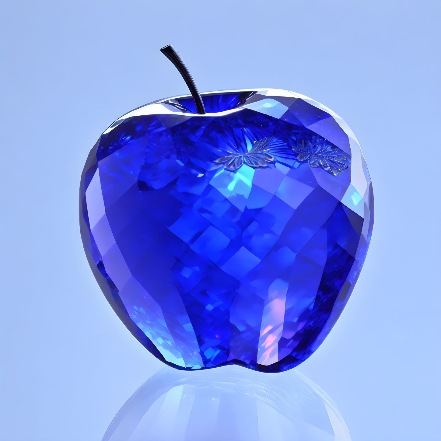 Faceted translucent blue apple on light blue background