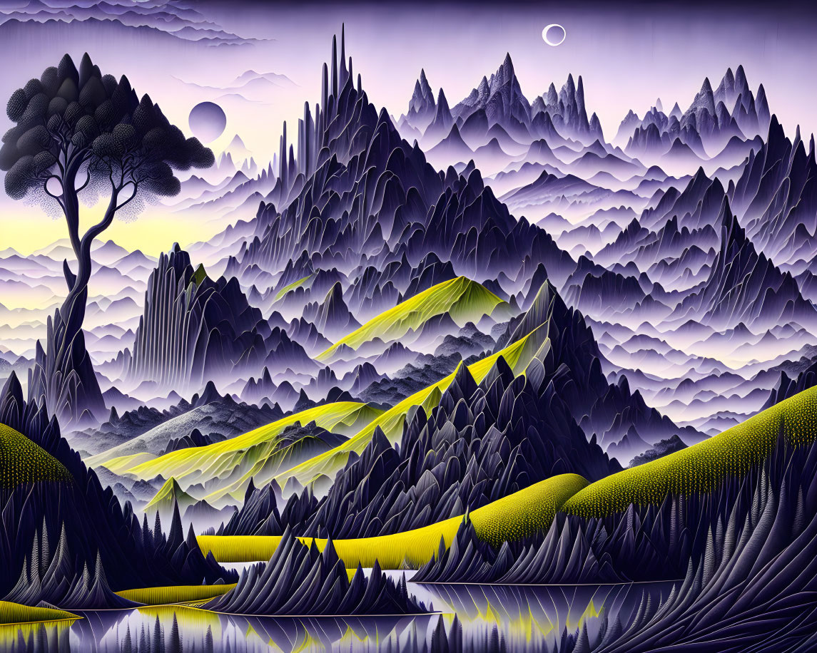 Surreal landscape with stylized mountains, lone tree, layered hills, and purple sky.