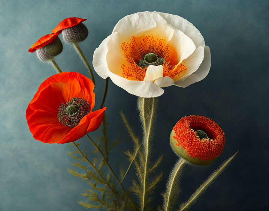 Three poppy flowers in various stages of bloom on blue textured backdrop