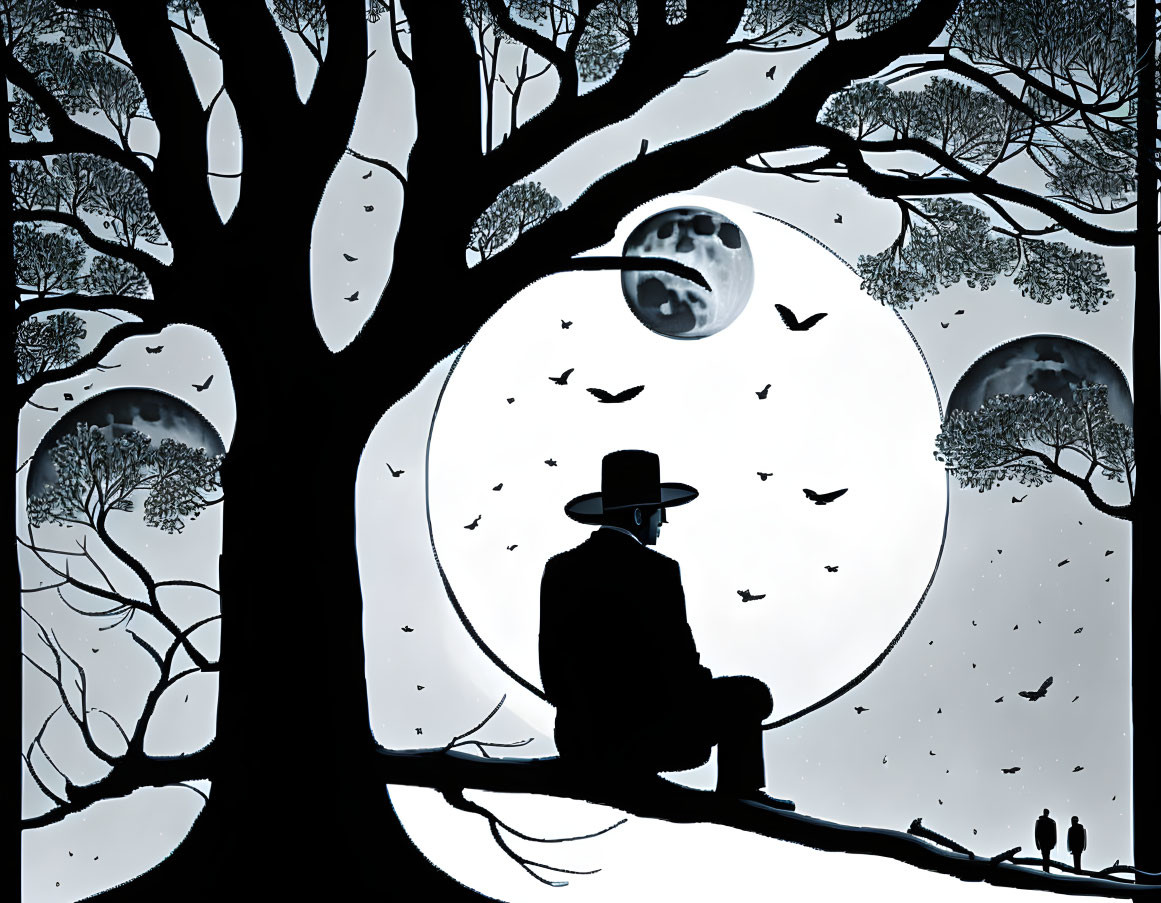 Person sitting on tree branch under full moon with birds and trees in silhouette