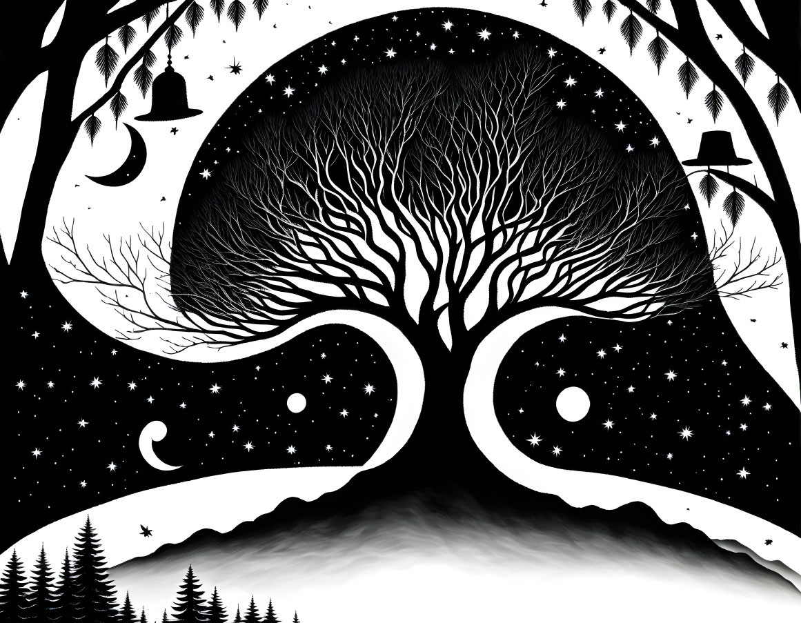 Monochrome illustration of tree silhouette in cosmic setting