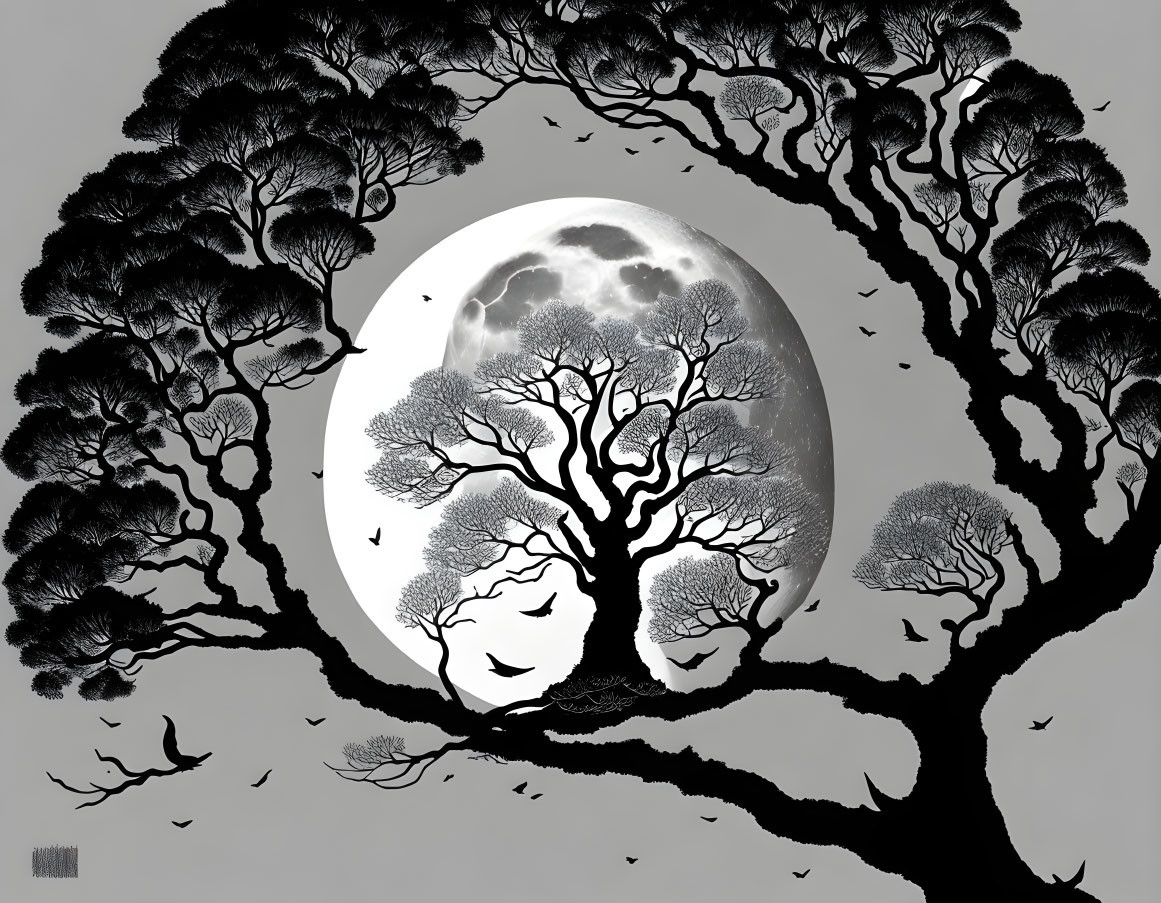 Trees silhouette woman's profile against full moon, leaves and birds create mystical scene