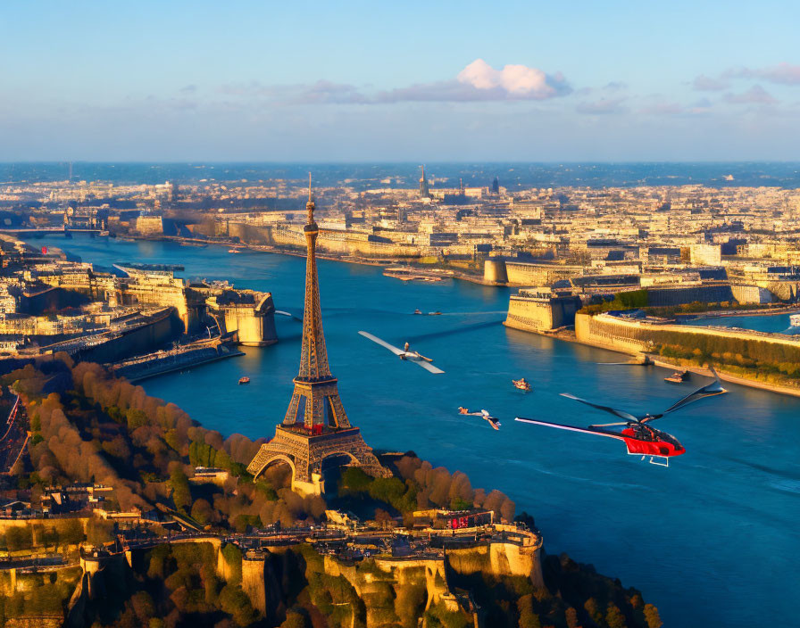 Paris Sunset: Eiffel Tower and Seine River Aerial View