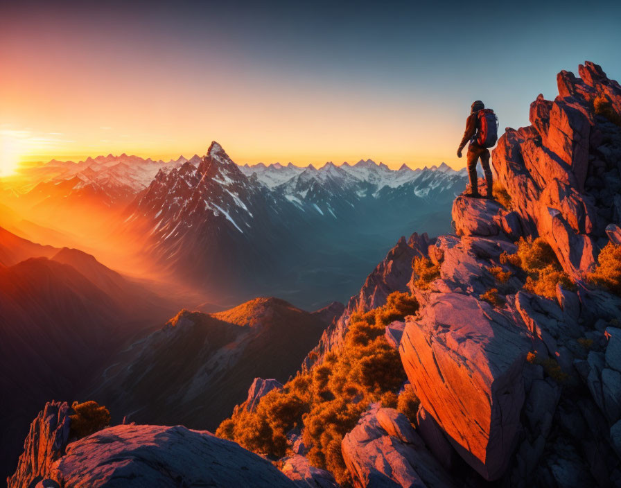 Hiker admires sunset over rugged mountain range