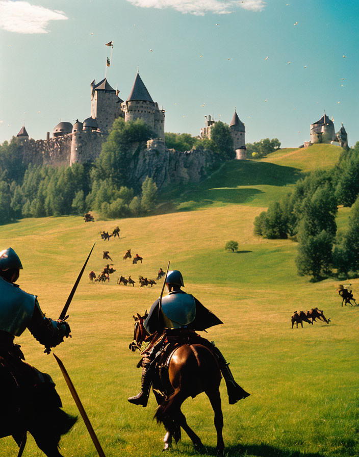 Medieval knights on horseback near majestic castle in green landscape