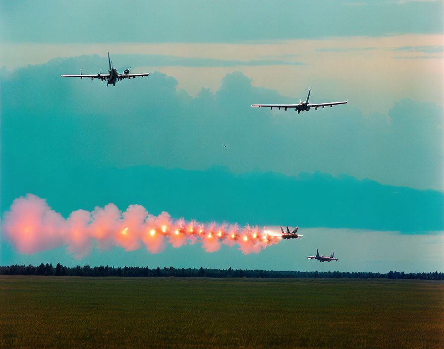 Aerial display: Three airplanes with smoke/fire trail in cloudy sky