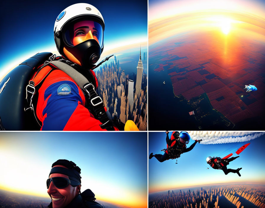 Skydivers in Various Poses Over Cityscape Sunset