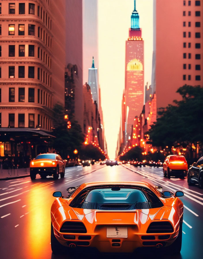 Vibrant orange sports car in city at dusk with blurred traffic & lit skyscrapers