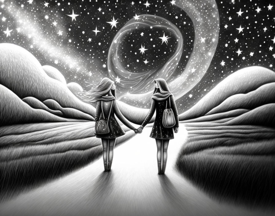 Stylized characters under starry sky walking on path.