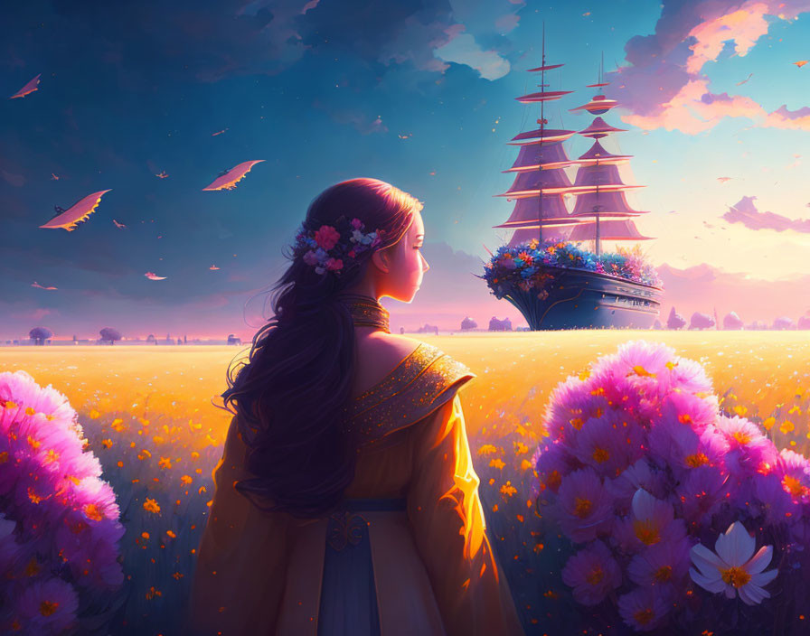 Woman admires ship in flower field under twilight sky with birds