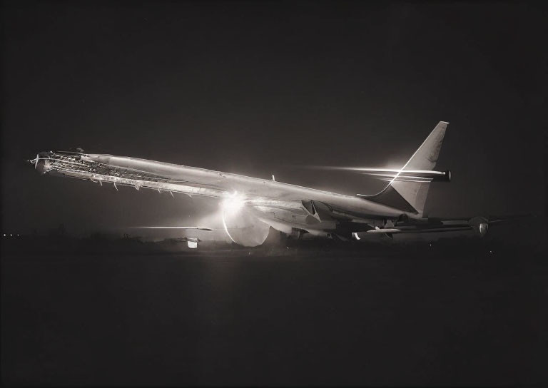 Nighttime airplane with light trails in black-and-white.