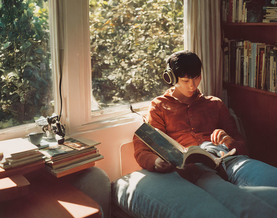 Person reading book by sunny window with headphones in cozy interior