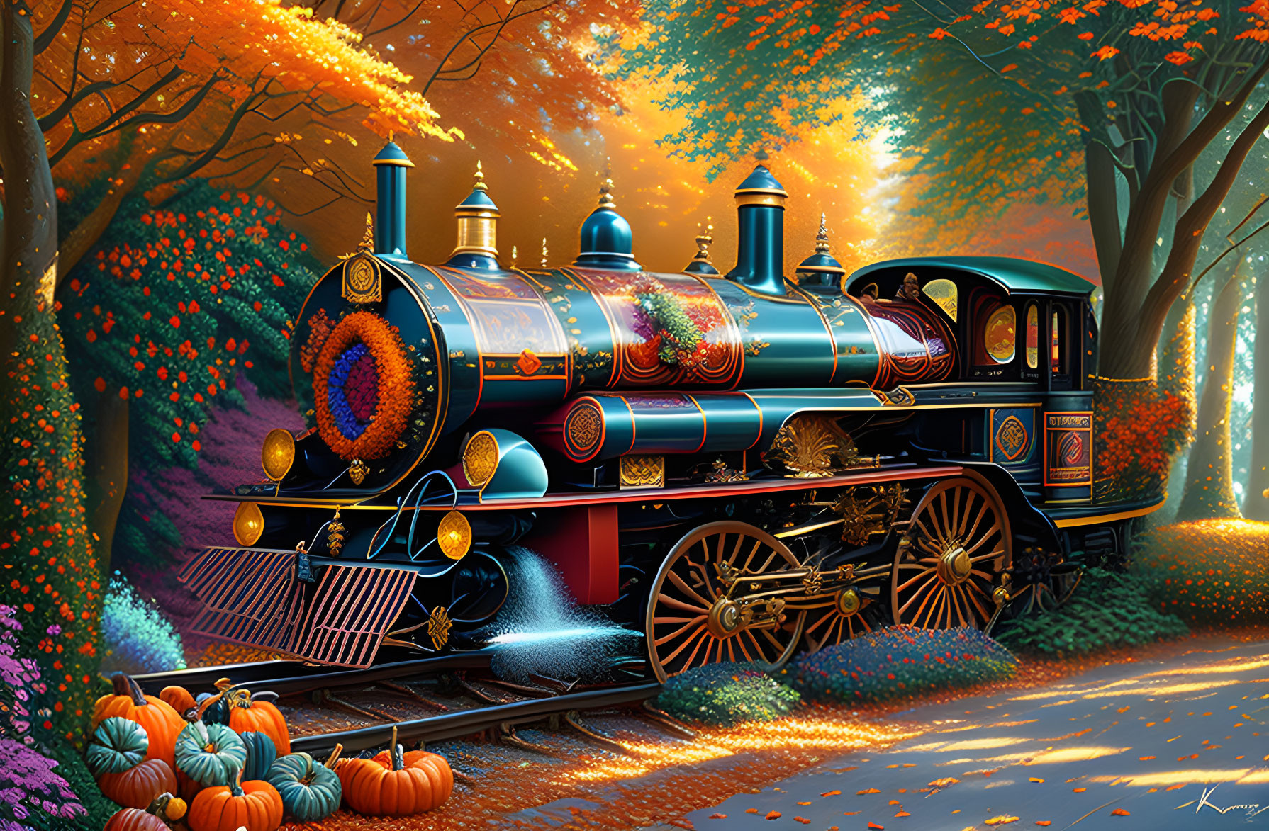 Colorful Vintage Train Surrounded by Autumn Decorations