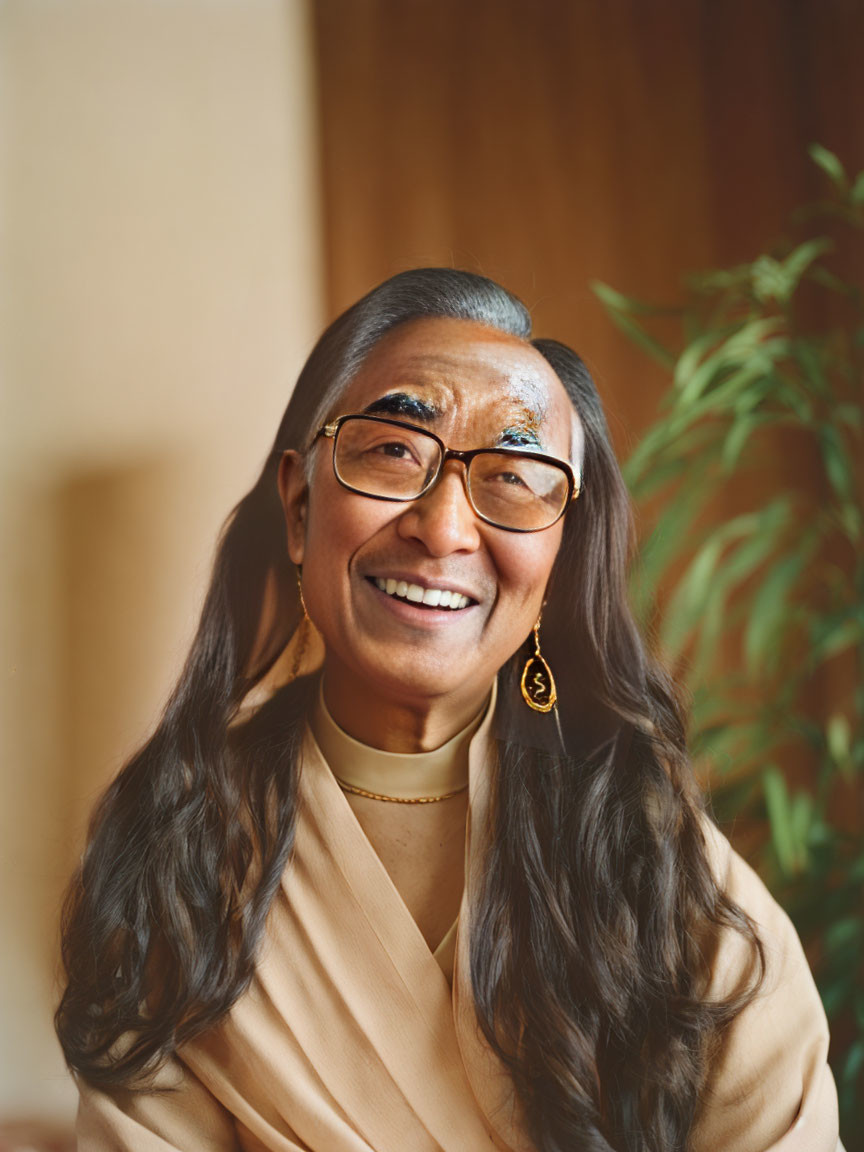 Elderly Woman Smiling in Beige Outfit with Gray Hair