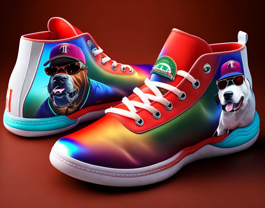 Vibrant Rainbow Gradient Dog-themed High-Top Sneakers