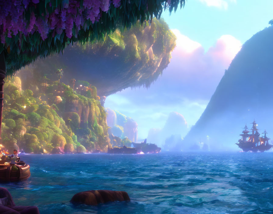 Vibrant animated sunset landscape with boats and mountains