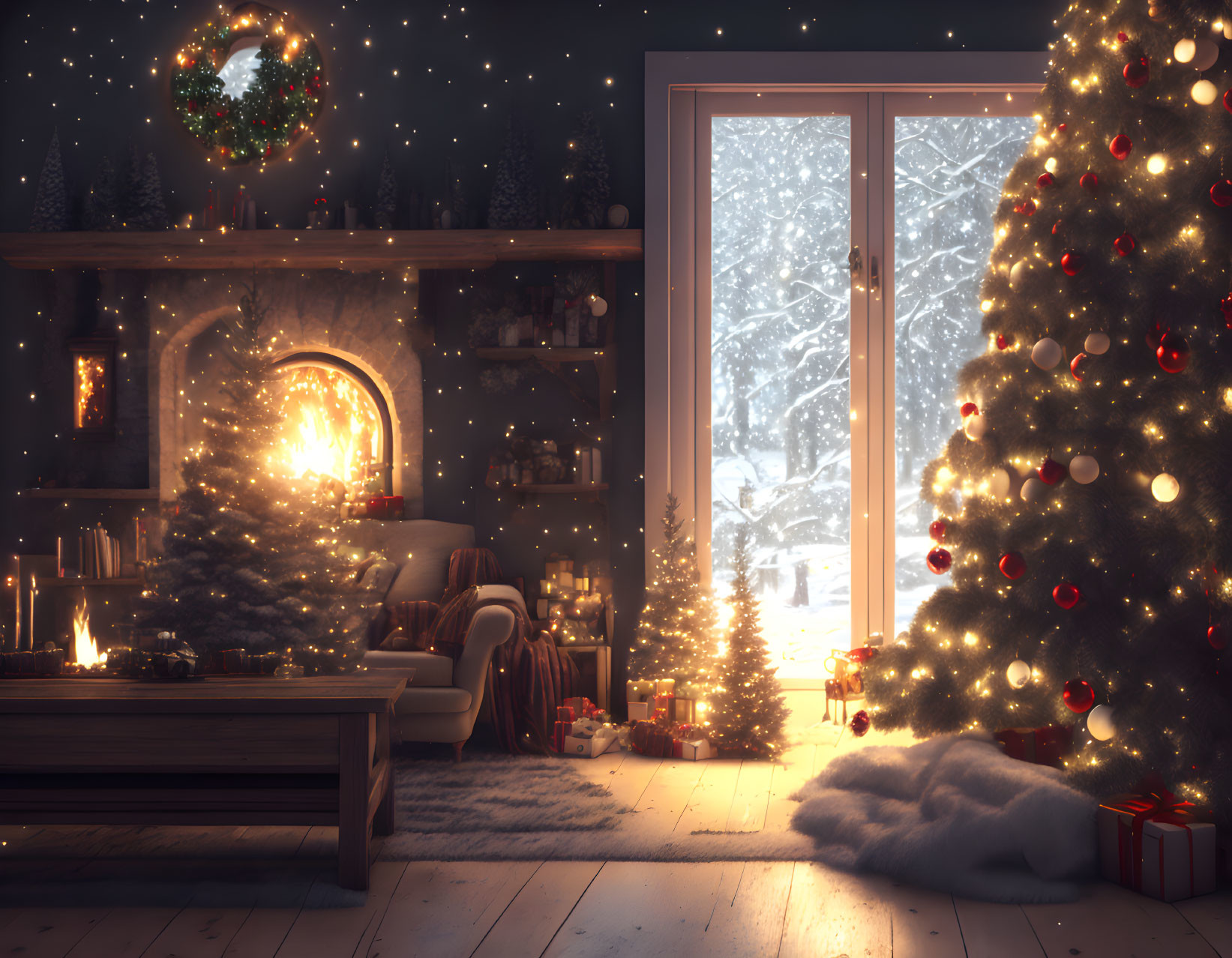 Festive Christmas interior with decorated tree, fireplace, candles, gifts, snowy landscape view