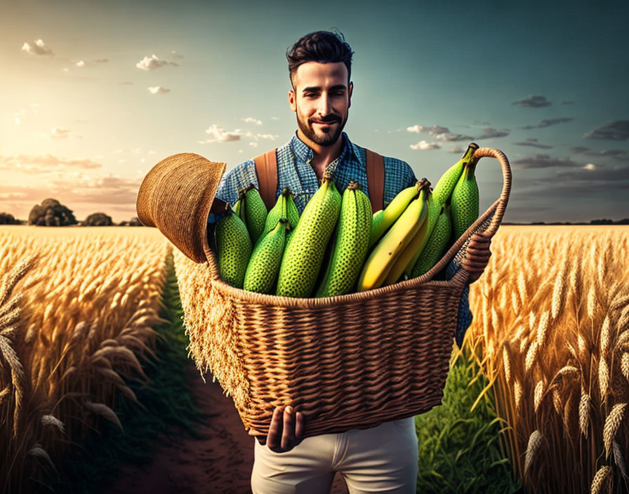 Man Smiling with Basket of Bananas and Melons in Wheat Field at Sunset