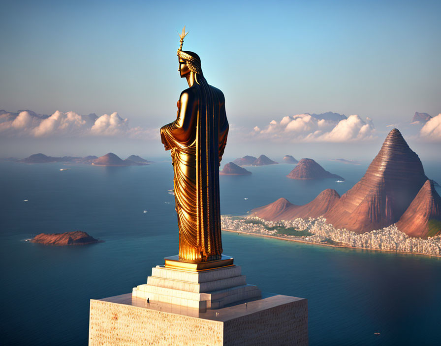 Impressive statue by bay with distant mountains on clear day