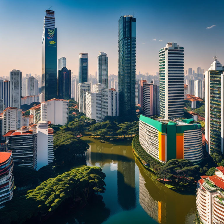 Urban skyline with skyscrapers, park pond, and lush greenery