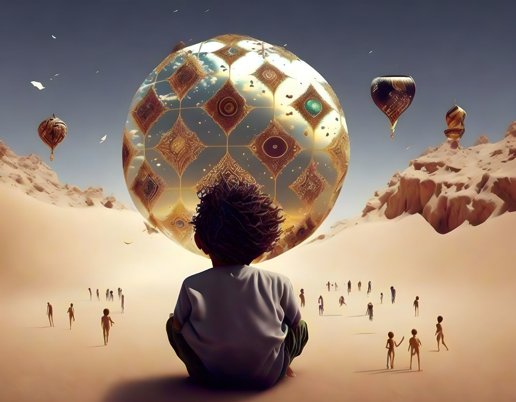 Person gazes at giant ornate floating orb in desert landscape