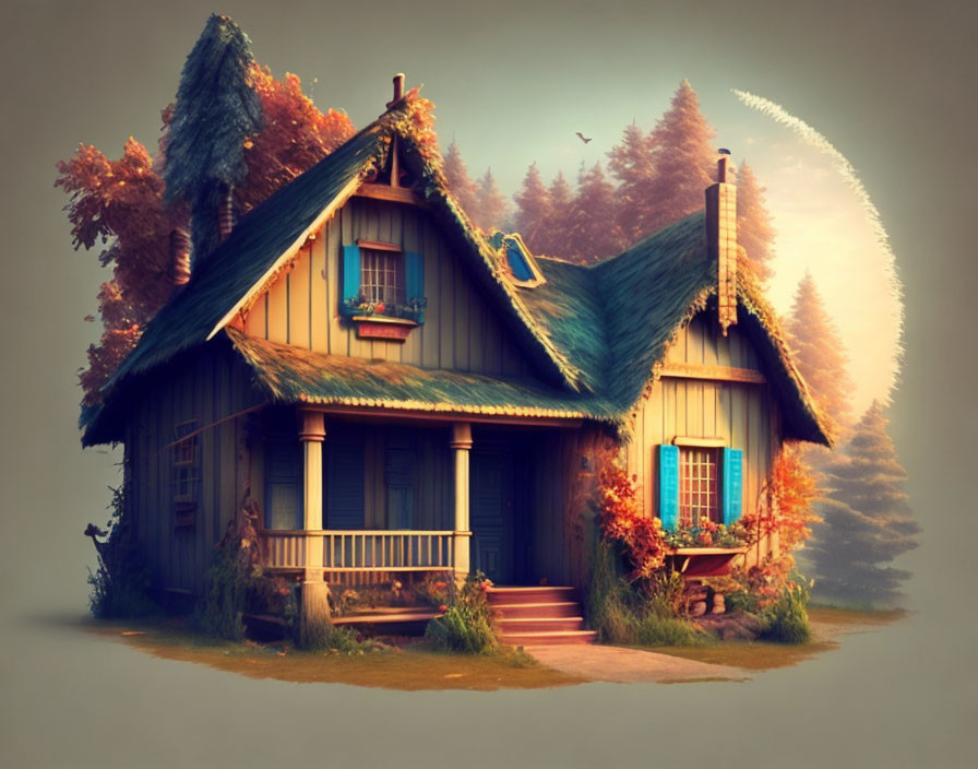 Cozy wooden cottage nestled among autumn trees