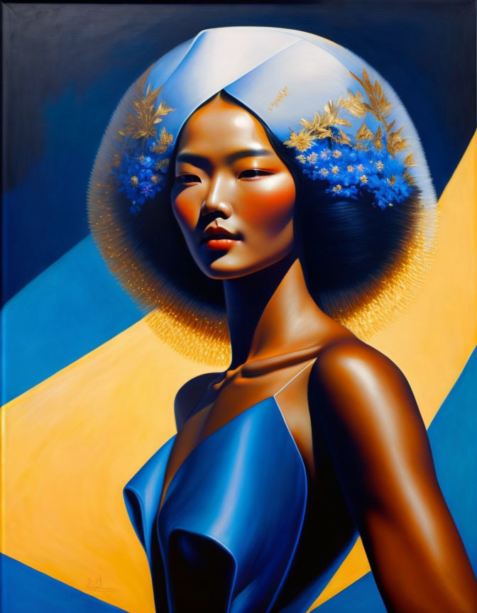 Woman with White Headdress and Blue Dress on Geometric Background