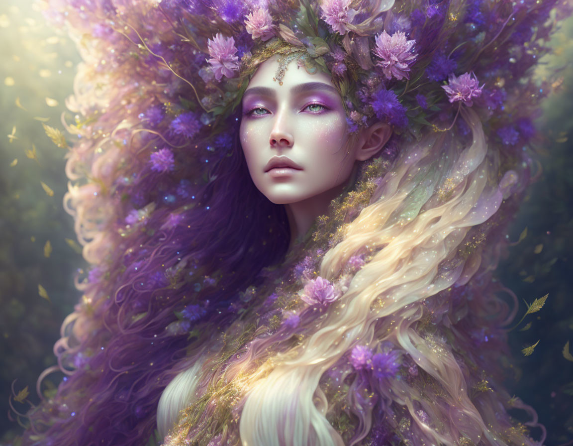 Portrait of person with purple hair adorned with flowers in mystical forest.