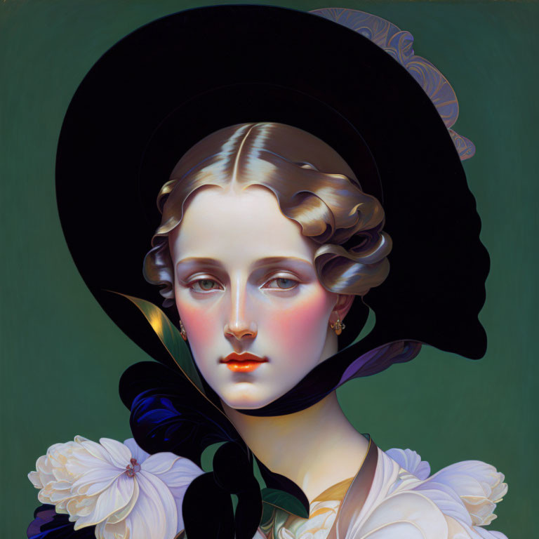 Stylized portrait of woman in black hat and white dress