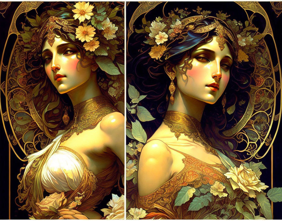 Two women with golden headpieces and floral details in Art Nouveau style