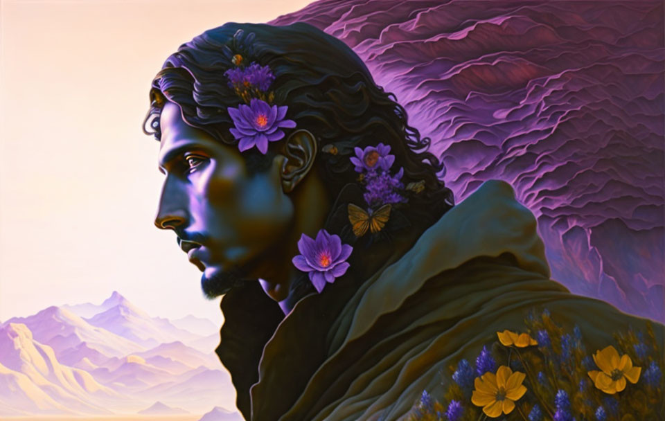 Surreal portrait of person with blue skin and floral hair against purple hills