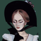 Stylized portrait of woman in black hat and white dress