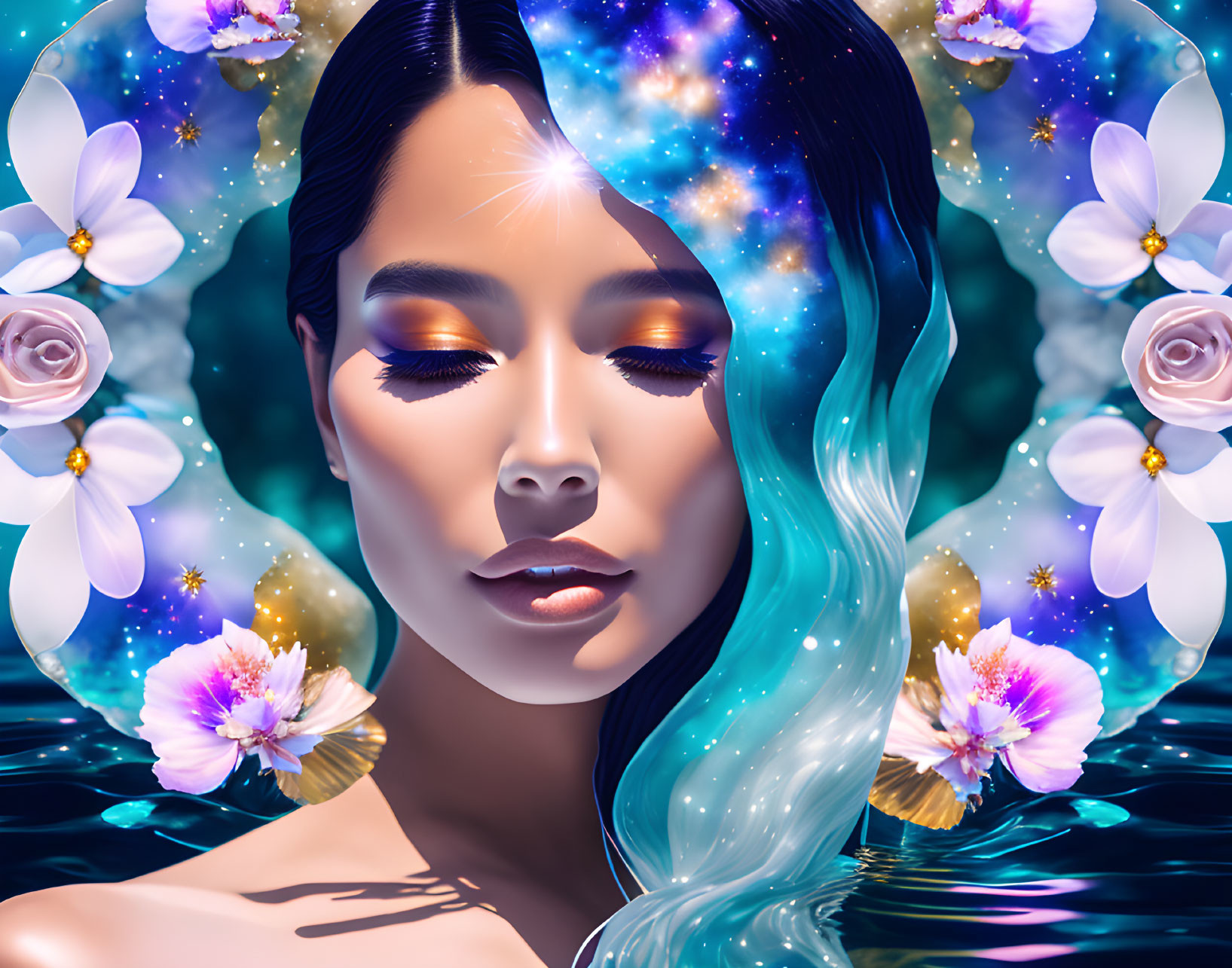 Digital artwork: Woman with cosmic makeup, flowers, starry background