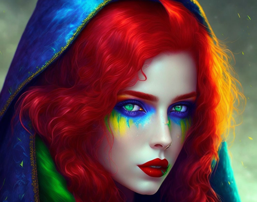 Colorful digital artwork of a woman with red hair and blue eyes in a hooded cloak