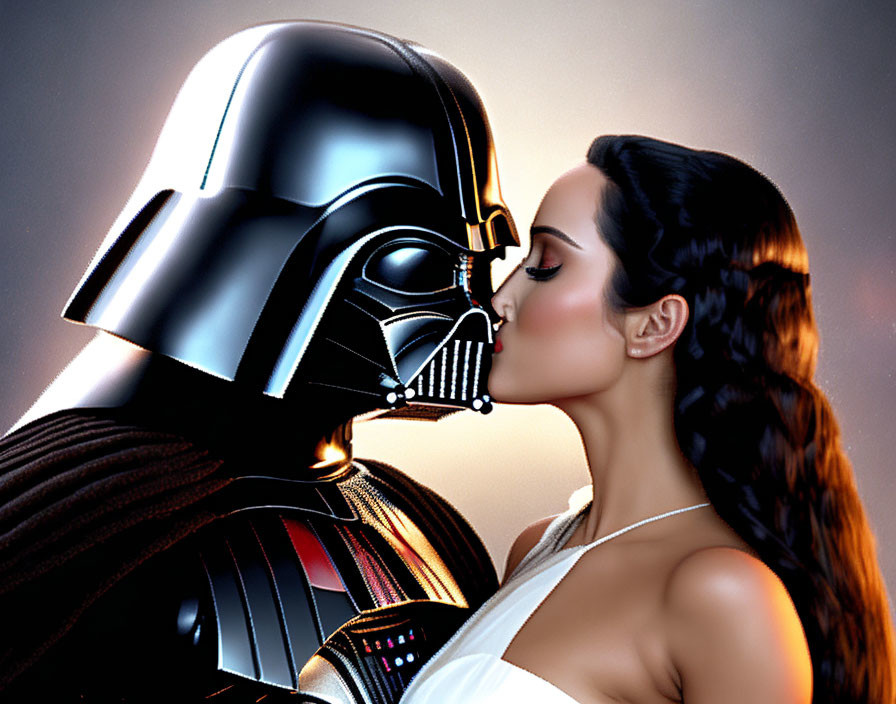 Woman kissing Darth Vader on cheek in soft illuminated setting