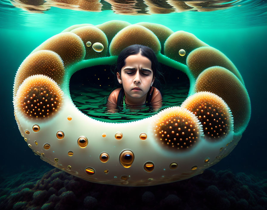 Child's head emerges from water with eye-like orbs and textured ring in surreal underwater scene