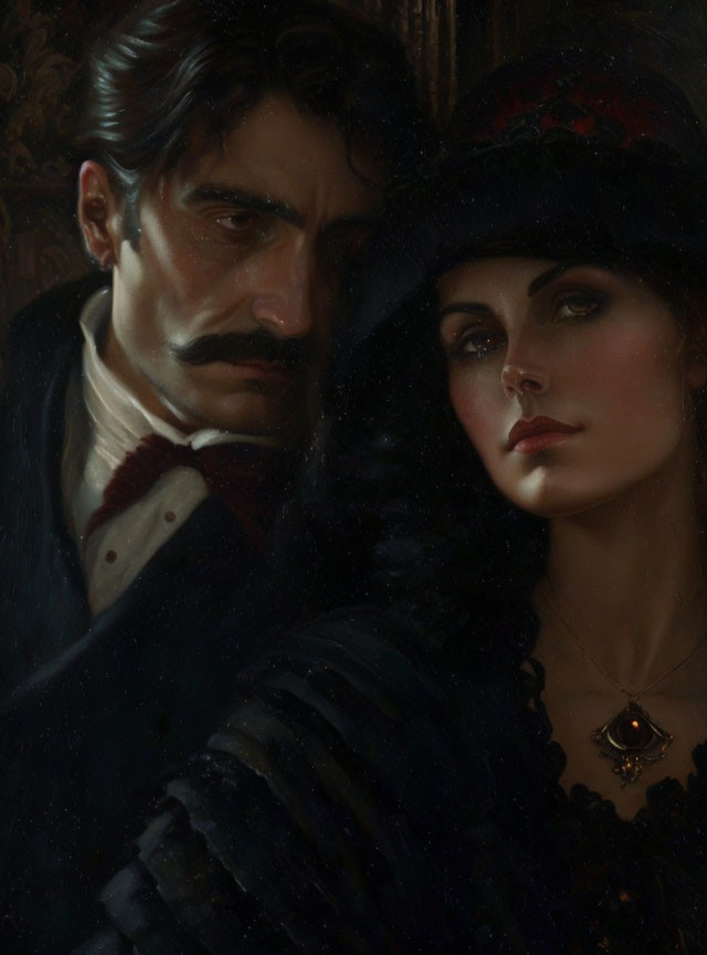 Victorian couple painting: man with mustache, woman in hat, somber gaze