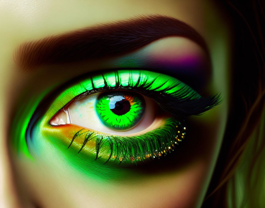 Vivid green eye with dramatic makeup and long lashes.